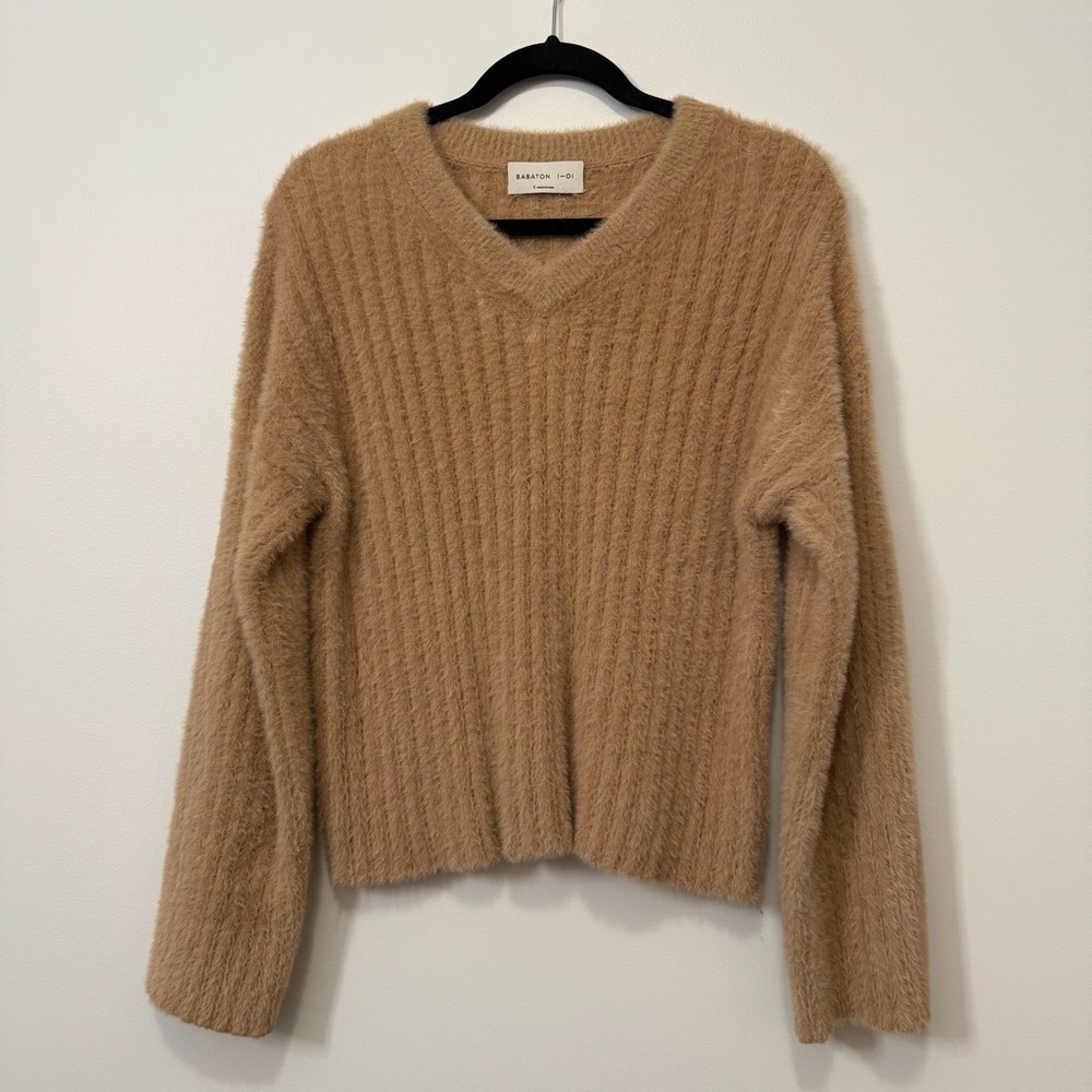 Aritzia Babaton Ulmann V-Neck Sweater Tan Fuzzy Chunky Ribbed Knit Sz S - Picture 3 of 13